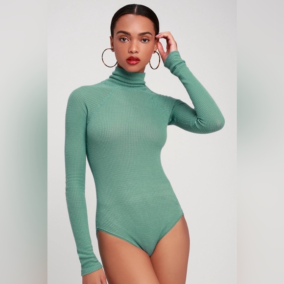 Free People ~ All You Want Sage Green Thermal‎ Turtleneck Bodysuit Medium - Picture 3 of 12
